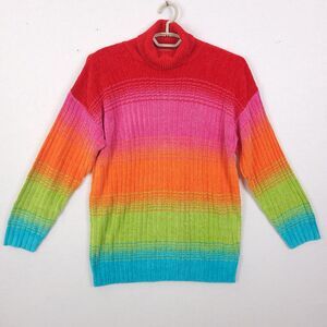 Bloomingdale's Sweater L Rainbow Ribbed Pullover Maximalist Turtleneck Soft Y2K